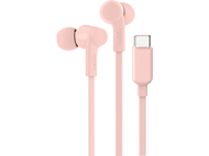 Écouteurs Belkin roses avec un connecteur USB-C et un câble rose, fond noir.
