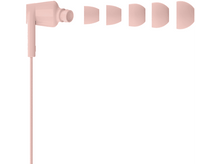 Charger l&#39;image dans la galerie, Écouteurs roses avec plusieurs embouts, câble et prise, isolés sur fond blanc.
