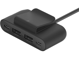 Hub USB noir avec 2 ports USB et 2 ports USB-C, et une pince noire sur le dessus.