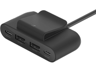 Hub USB noir avec 2 ports USB et 2 ports USB-C, et une pince noire sur le dessus.