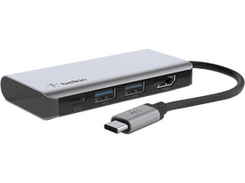 Hub USB-C Belkin, argent et noir, avec plusieurs ports et un câble USB-C.