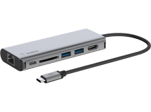 Charger l&#39;image dans la galerie, Un hub USB-C argenté avec plusieurs ports et un câble noir.
