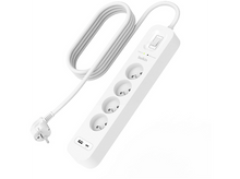 Charger l&#39;image dans la galerie, Multiprise Belkin blanche avec quatre prises, un interrupteur et un port USB-C, sur fond blanc.
