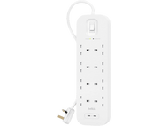 Une multiprise blanche. Elle comporte plusieurs prises et un interrupteur en haut, avec un câble blanc.