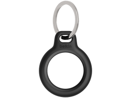 Support Belkin AirTag noir avec un porte-clés argenté. Le support est circulaire.