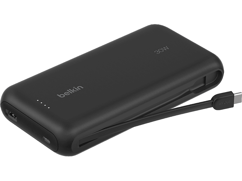 Batterie externe Belkin noire 30W avec câble USB-C intégré. Fond noir.
