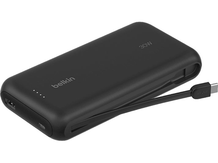 Batterie externe Belkin noire 30W avec câble USB-C intégré. Fond noir.