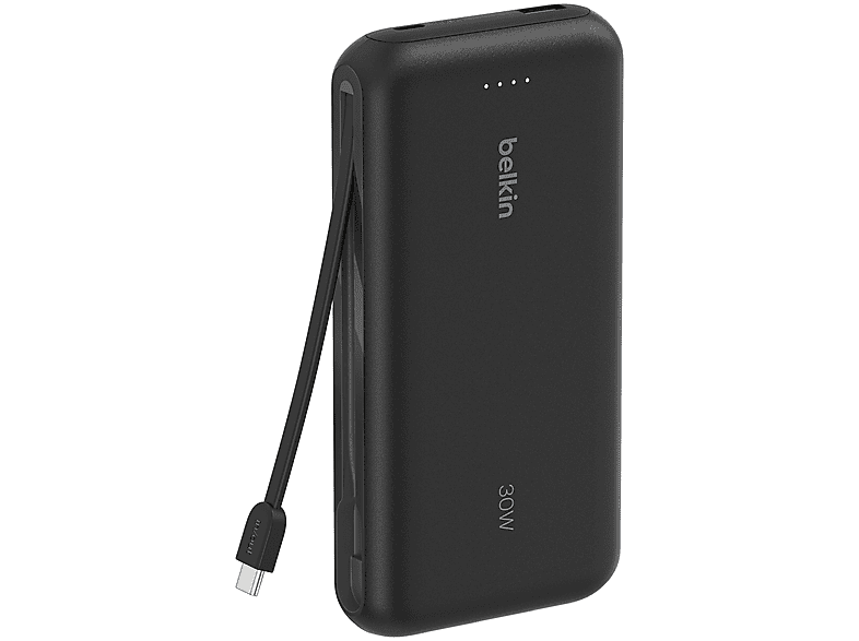 Batterie externe Belkin 30W noire avec câble attaché, fond blanc.