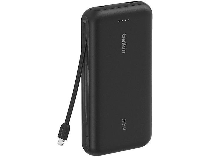 Batterie externe Belkin 30W noire avec câble attaché, fond blanc.