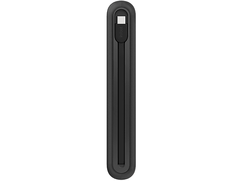 Batterie externe noire et fine avec câble attaché, fond blanc.