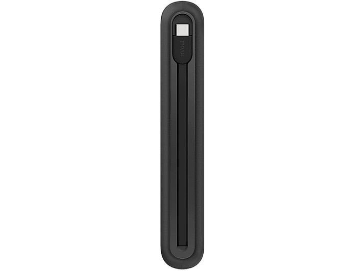 Batterie externe noire et fine avec câble attaché, fond blanc.