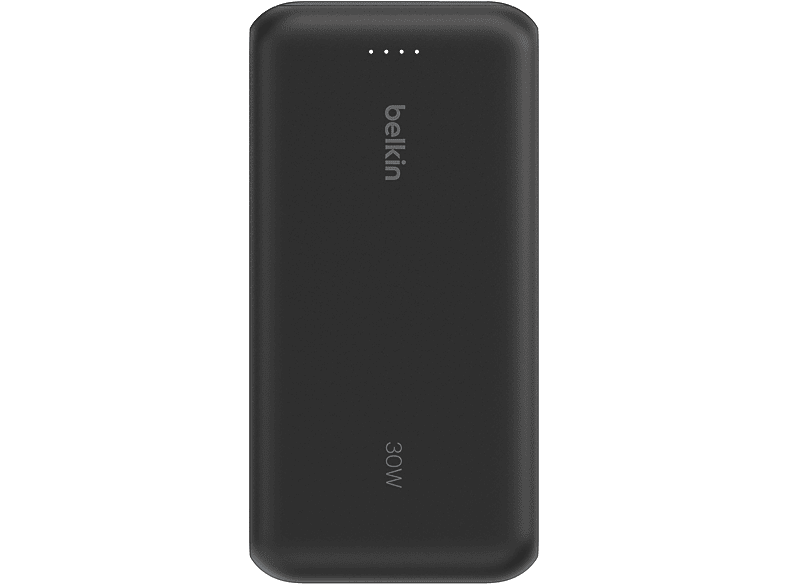 Batterie externe Belkin 30W noire, fond blanc. Vue de face.