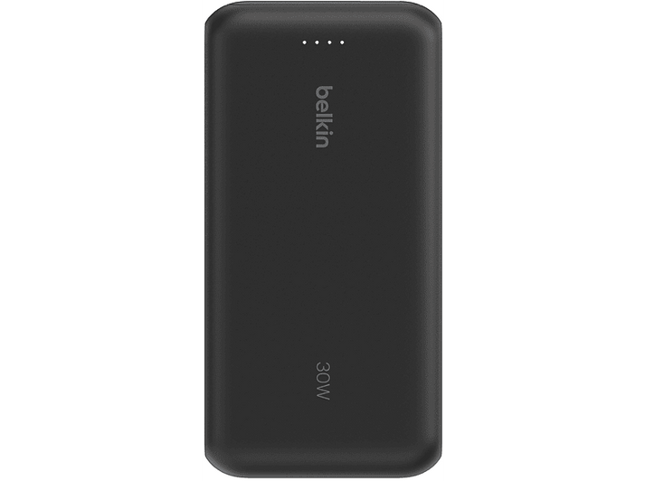 Batterie externe Belkin 30W noire, fond blanc. Vue de face.