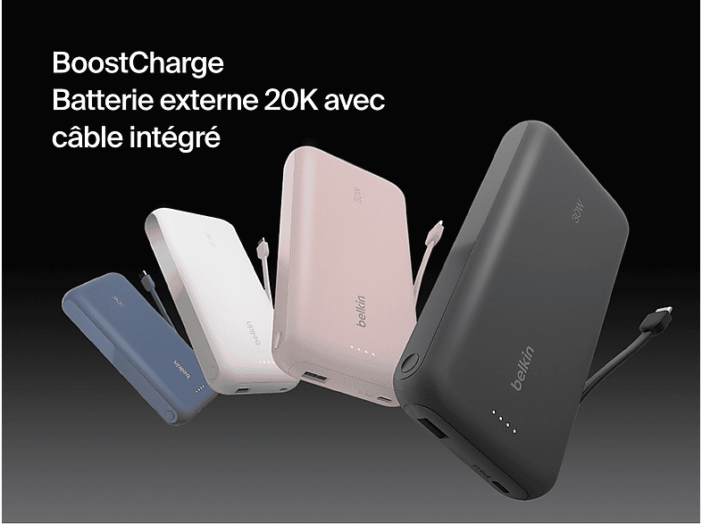 Power banks en bleu, blanc, rose et noir. Texte : 'BoostCharge'.