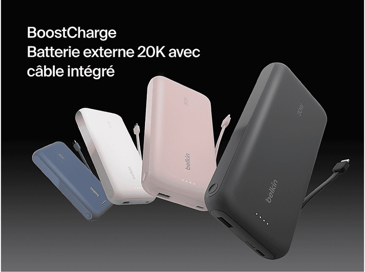 Power banks en bleu, blanc, rose et noir. Texte : 'BoostCharge'.