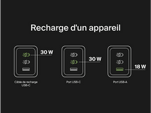 Charger l&#39;image dans la galerie, Diagramme montrant les sorties d&#39;alimentation : 30W, 30W, 18W pour différents ports.
