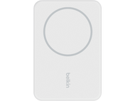 Chargeur sans fil Belkin blanc. Comprend un anneau gris, des coins arrondis et le logo Belkin.