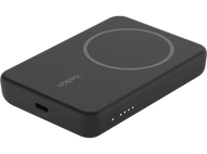 Une batterie externe Belkin noire avec un cercle de chargement en haut et des voyants sur le côté.