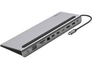 Station d'accueil Belkin argentée avec ports et câble noir.