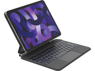 Tablette noire avec clavier et écran affichant un design violet et bleu. Fond noir.