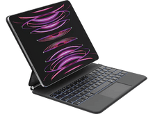 Charger l&#39;image dans la galerie, Tablette noire avec clavier et écran affichant un design violet et bleu. Fond noir.
