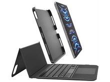 Charger l&#39;image dans la galerie, Tablette, étui clavier noir et couvercle en l&#39;air, flottant devant un fond blanc.
