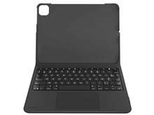 Charger l&#39;image dans la galerie, Étui clavier de tablette noir, ouvert à plat, montrant le clavier, pavé tactile sur surface blanche.
