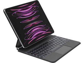 Tablette noire avec clavier et écran affichant un motif violet et rose. Fond noir.