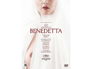 Affiche de film avec une femme en habit blanc. Texte 'Benedetta' et crédits visibles.
