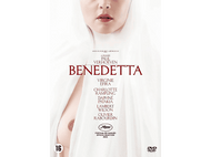 Affiche de film avec une femme en habit blanc. Texte 'Benedetta' et crédits visibles.