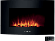 Charger l&#39;image dans la galerie, Cheminée électrique noire avec flammes et galets. La marque &#39;beper&#39; est visible.
