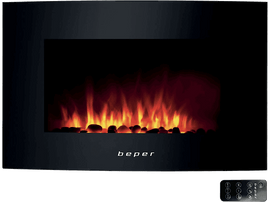 Cheminée électrique noire avec flammes et galets. La marque 