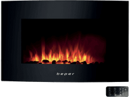 Cheminée électrique noire avec flammes et galets. La marque 'beper' est visible.