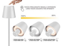 Charger l&#39;image dans la galerie, Une lampe blanche avec commandes tactiles pour la luminosité. Trois images montrent les niveaux d&#39;intensité lumineuse.
