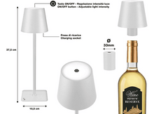 Charger l&#39;image dans la galerie, Lampe de table blanche avec un schéma montrant les dimensions et les composants, et une bouteille de vin.
