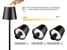 Charger l&#39;image dans la galerie, Diagramme montrant une lampe tactile avec différents modes d&#39;éclairage, dont lumière chaude, froide et naturelle.
