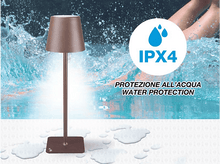 Charger l&#39;image dans la galerie, Lampe de table marron près de l&#39;eau, icône de protection IPX4 visible, gouttes d&#39;eau sur la surface.
