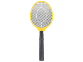 Raquette anti-mouches électrique jaune avec manche noir. Le filet est gris.
