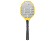 Raquette anti-mouches électrique jaune avec manche noir. Le filet est gris.