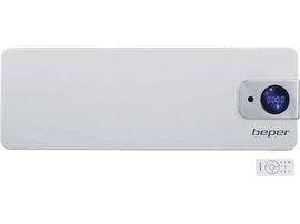 Chauffage Beper blanc avec affichage numérique et télécommande.