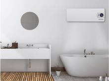 Charger l&#39;image dans la galerie, Salle de bain avec murs blancs, baignoire, lavabo et miroir.
