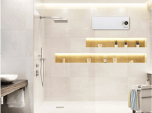 Charger l&#39;image dans la galerie, Un radiateur électrique blanc monté sur un mur carrelé. Une pomme de douche est visible.
