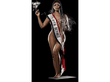 Charger l&#39;image dans la galerie, Une femme nue avec une écharpe et une cigarette se tient devant un fond noir avec de la fumée.
