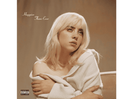 Pochette d'album de Billie Eilish. Femme blonde en larmes, pull blanc.
