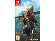 Couverture du jeu Biomutant. Une créature ressemblant à un raton laveur avec une épée.