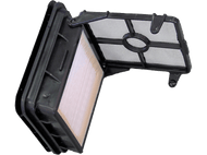 Un filtre à air, cadre noir avec filtre blanc à l'intérieur et couvercle en maille ouvert.