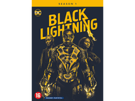 Affiche du film 'Black Lightning'. Comprend trois personnages et le texte du titre avec des effets d'éclair.