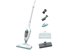 Charger l&#39;image dans la galerie, Balai vapeur noir et blanc avec accessoires. Fond blanc. La serpillère a une combinaison de couleurs bleu et blanc.
