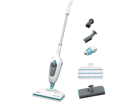 Balai vapeur noir et blanc avec accessoires. Fond blanc. La serpillère a une combinaison de couleurs bleu et blanc.