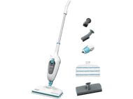 Balai vapeur noir et blanc avec accessoires. Fond blanc. La serpillère a une combinaison de couleurs bleu et blanc.